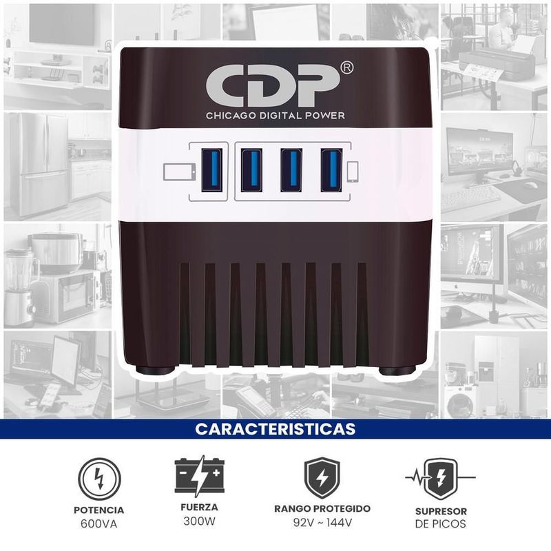 Regulador de voltaje cdp ru-avr604 600va/300w 4 tomas 4 usb