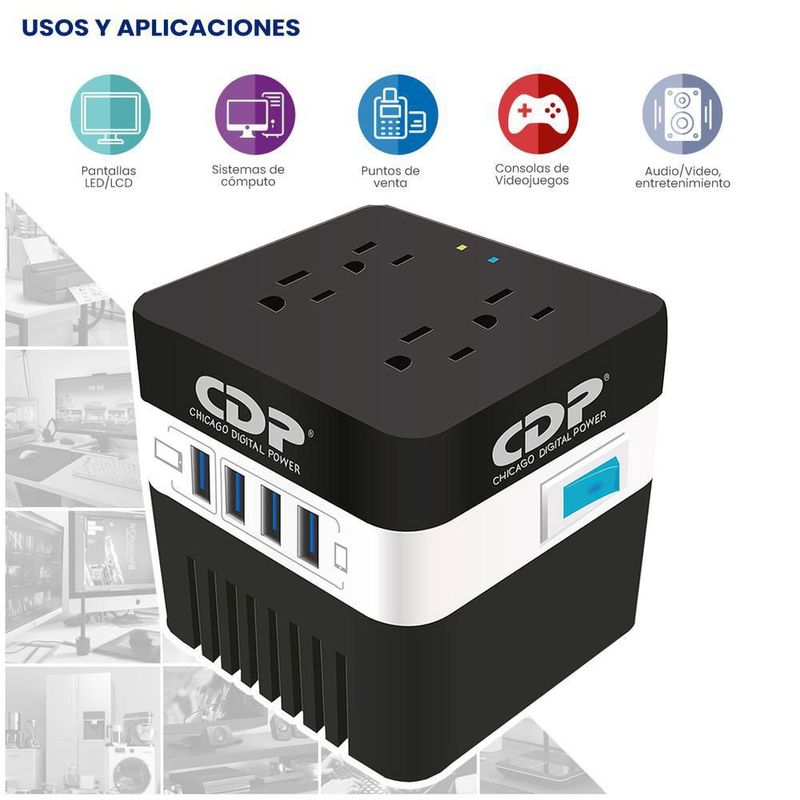 Regulador de voltaje cdp ru-avr604 600va/300w 4 tomas 4 usb
