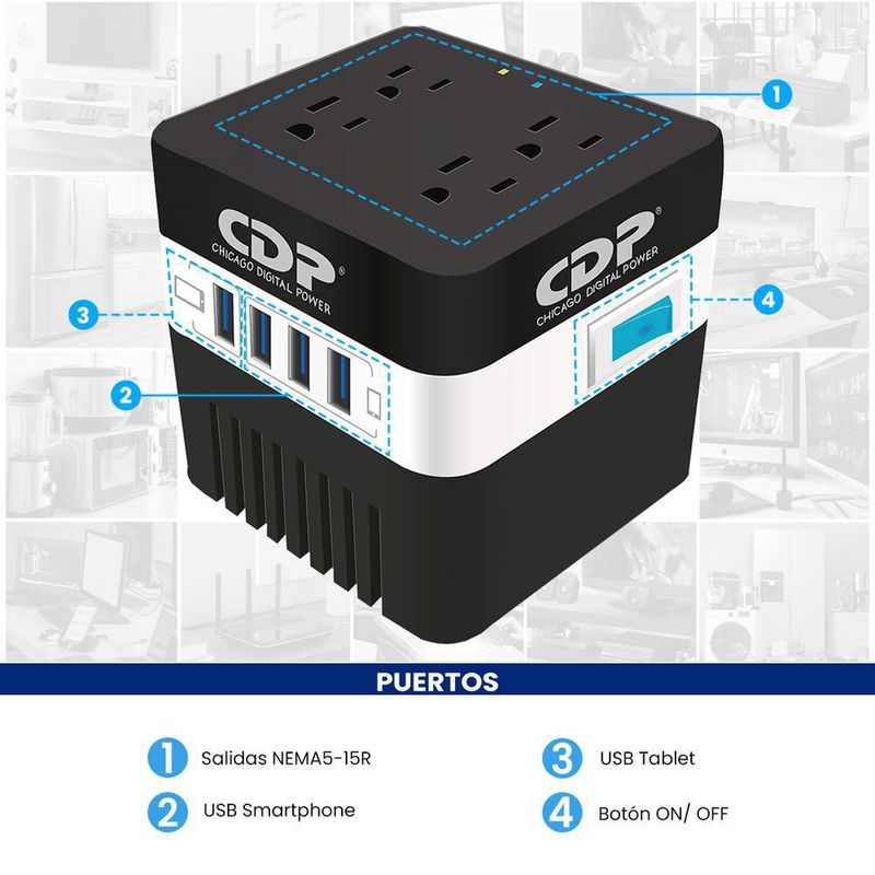 Regulador de voltaje cdp ru-avr604 600va/300w 4 tomas 4 usb