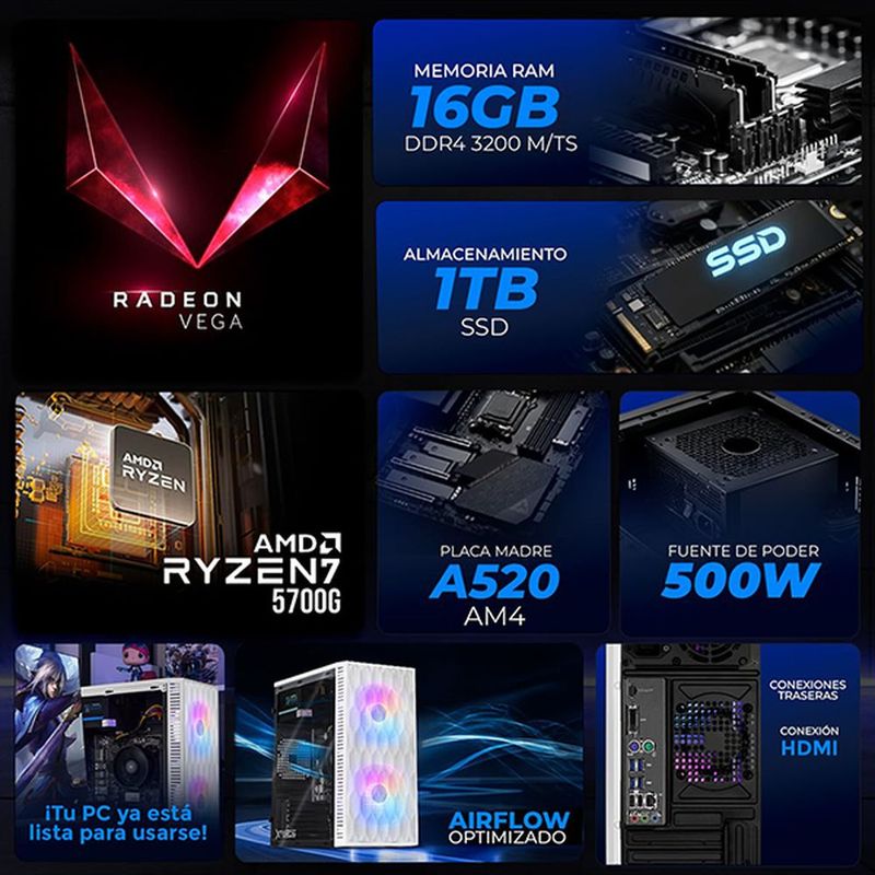 Xtreme pc radeon vega ryzen 7 16gb ssd 1tb monitor 23.8 wh
