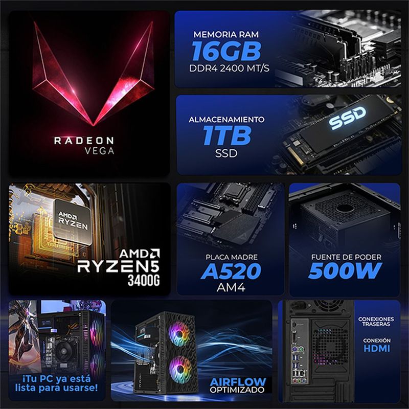 Xtreme pc vega 11 ryzen 5 16gb ssd 1tb monitor 23.8 wifi bk