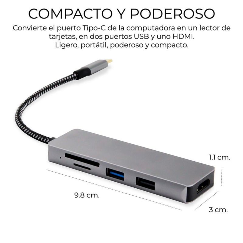 Hub Adaptador USB Tipo C 5 en 1 | HDMI 4K, 2 Puertos USB 3.0, Lector SD/Micro SD
