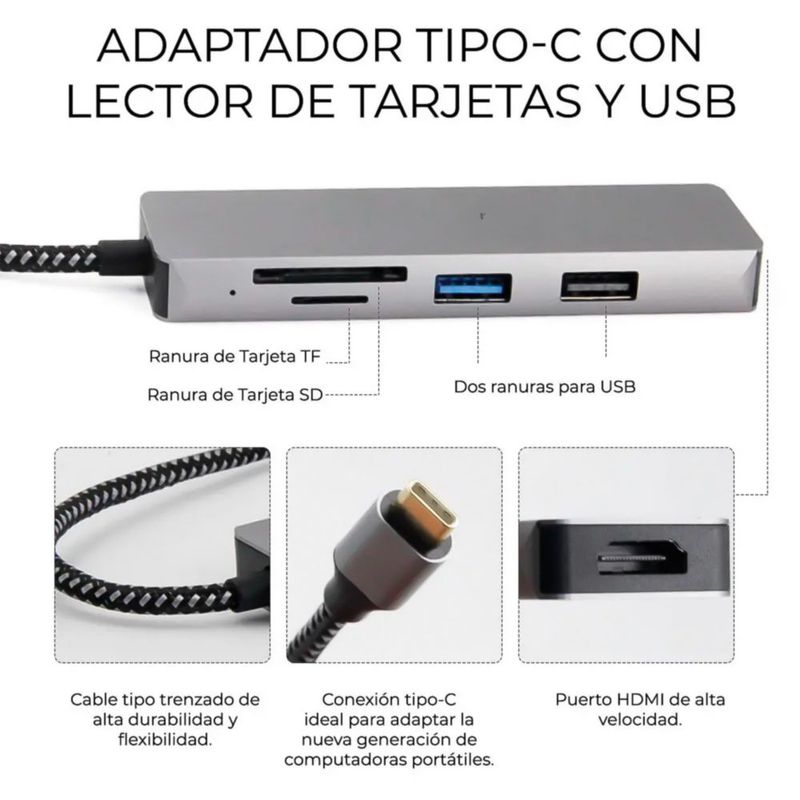 Hub Adaptador USB Tipo C 5 en 1 | HDMI 4K, 2 Puertos USB 3.0, Lector SD/Micro SD