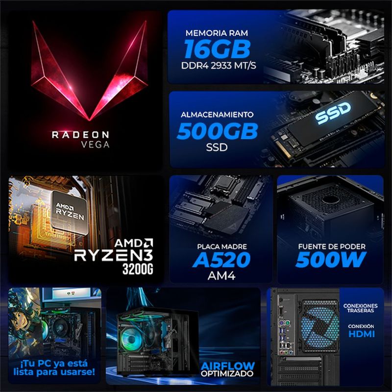 Xtreme pc vega 8 ryzen 3 16gb ssd 500gb monitor 27 black