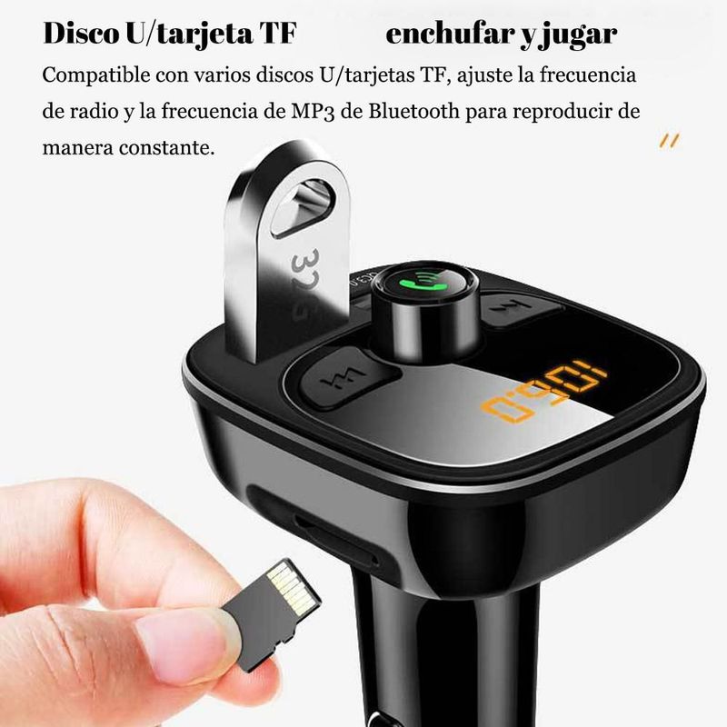 Cargador de Coche con Bluetooth, MP3 y Pantalla Digital - Doble Puerto USB para Carga Rápida de Teléfonos y Audio por FM.HOGAWAY