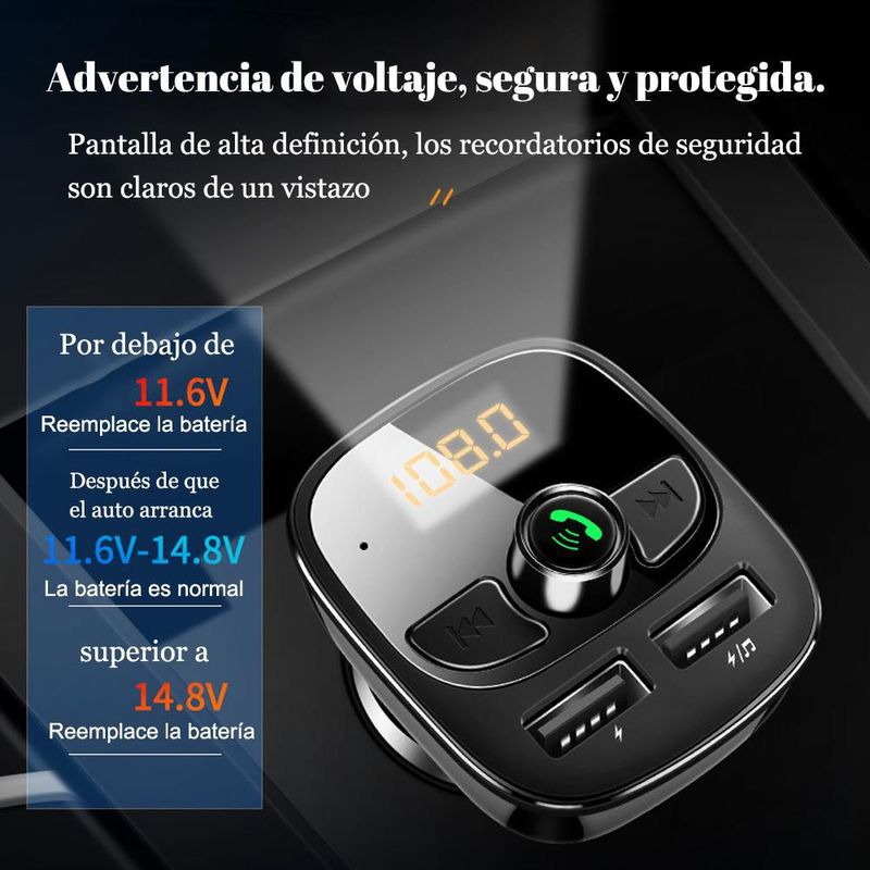 Cargador de Coche con Bluetooth, MP3 y Pantalla Digital - Doble Puerto USB para Carga Rápida de Teléfonos y Audio por FM.HOGAWAY