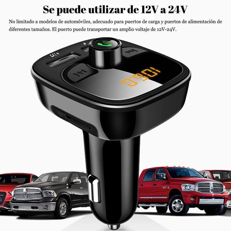 Cargador de Coche con Bluetooth, MP3 y Pantalla Digital - Doble Puerto USB para Carga Rápida de Teléfonos y Audio por FM.HOGAWAY