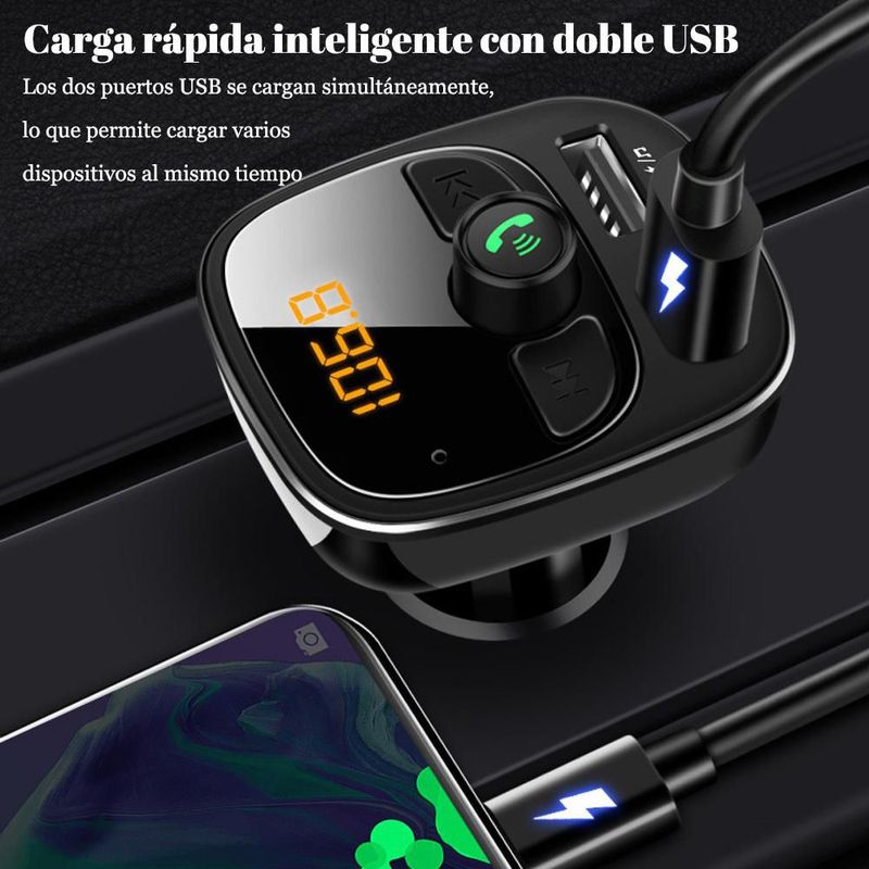 Cargador de Coche con Bluetooth, MP3 y Pantalla Digital - Doble Puerto USB para Carga Rápida de Teléfonos y Audio por FM.HOGAWAY