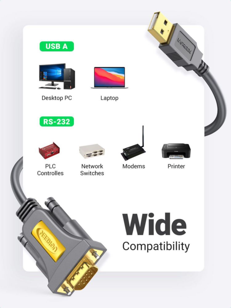 Adaptador USB a serie UGREEN DB9 macho de 9 pines para Windows Mac de 3 pies
