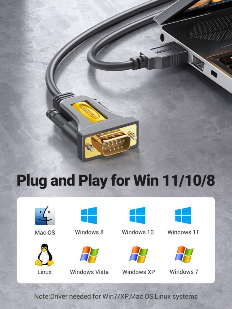 Adaptador USB a serie UGREEN DB9 macho de 9 pines para Windows Mac de 3 pies