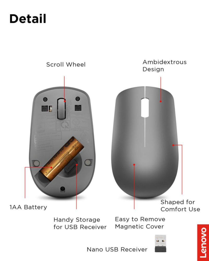 Ratón inalámbrico de ordenador Lenovo 530 para PC portátil Windows