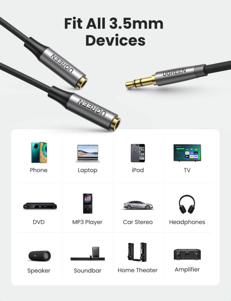 Divisor de auriculares UGREEN de 35 mm auxiliar 2 hembra a 1 macho estéreo