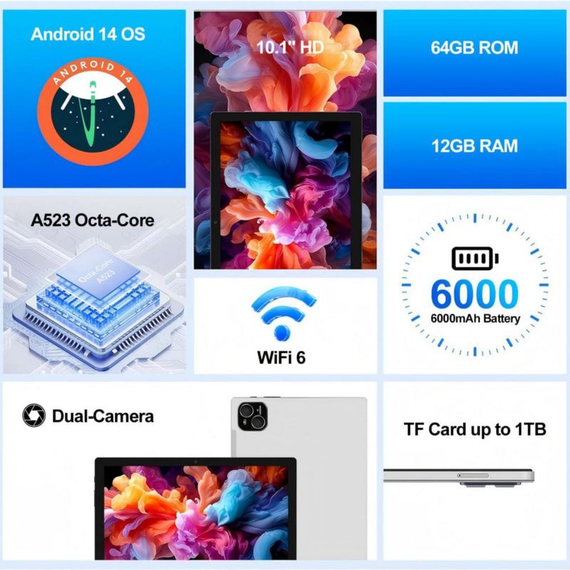 Tablet ATMPC 10 pulgadas Android 14 Octa-Core 12 GB RAM 128 GB ROM