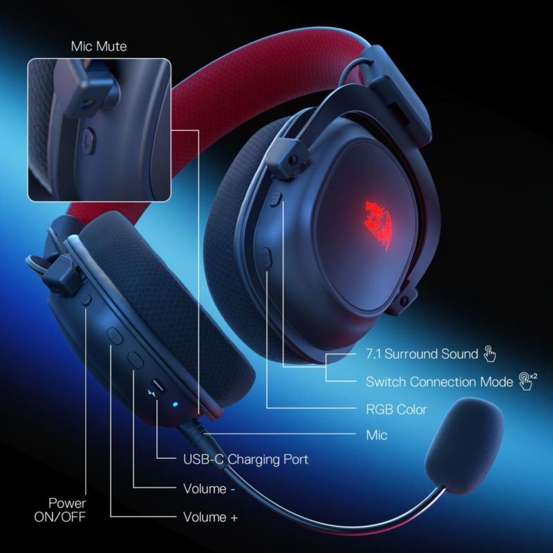 Auriculares inalámbricos para juegos Redragon H510 PRO Zeus-X RGB