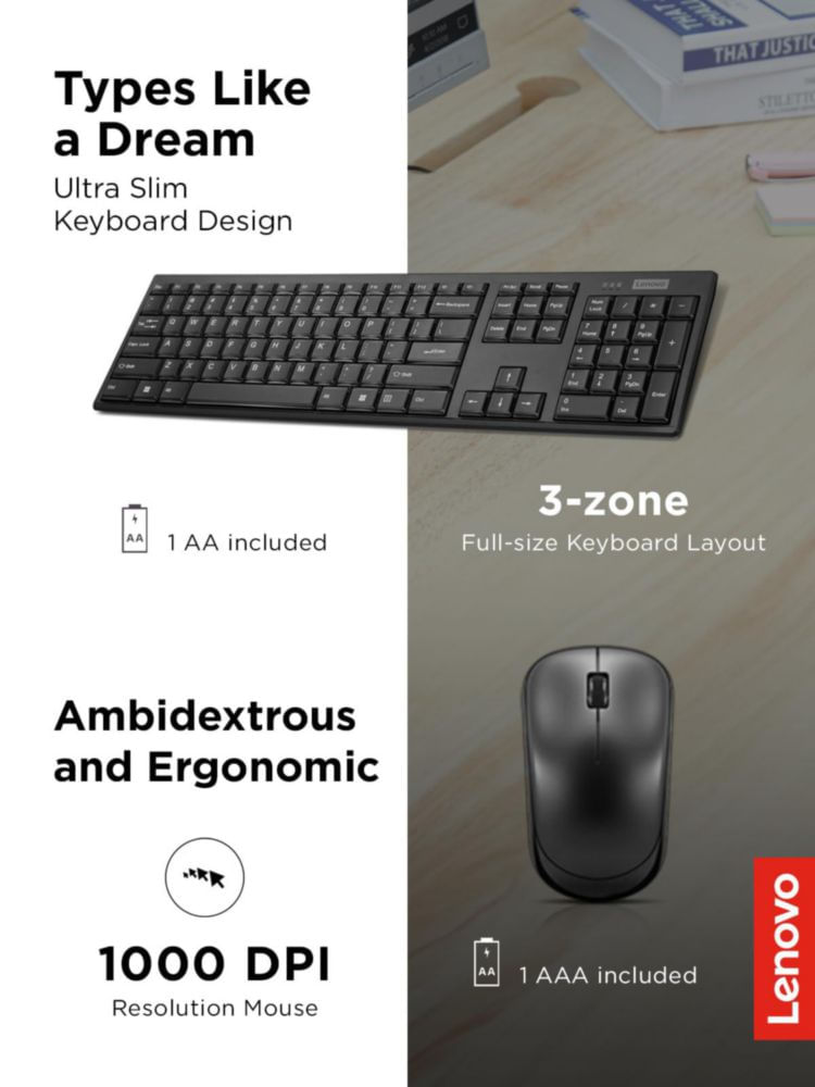 Combo de teclado y ratón Lenovo 100 Wireless Black