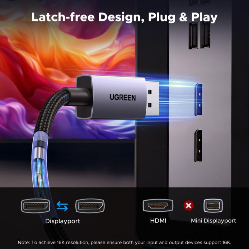 Cable DisplayPort UGREEN 16K @60Hz 80 Gbps DP 2.1 de 3.3 pies