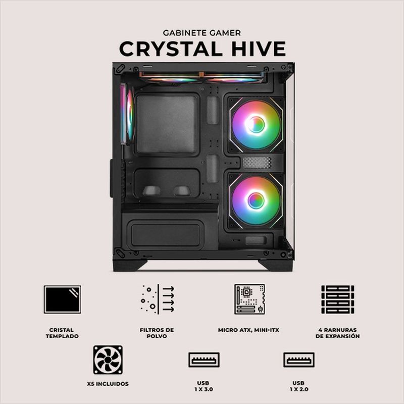 Gabinete xtreme pc crystal hive mini torre 5 fan argb gris