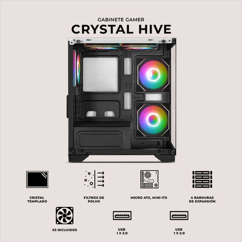 Gabinete xtreme pc crystal hive mini torre 5 fan hub argb