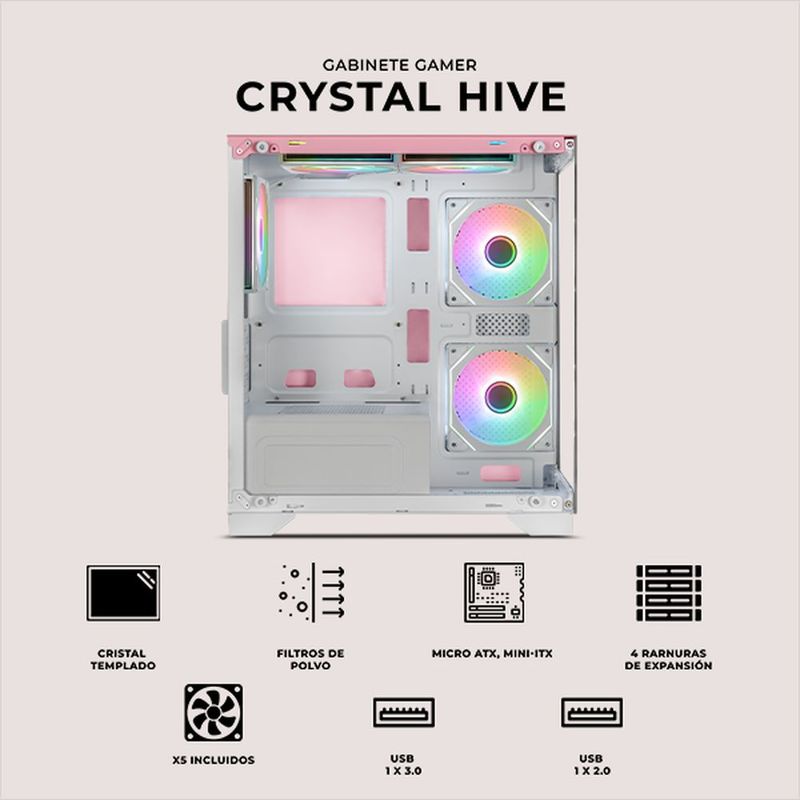 Gabinete xtreme pc crystal hive mini torre 5 fan argb pink