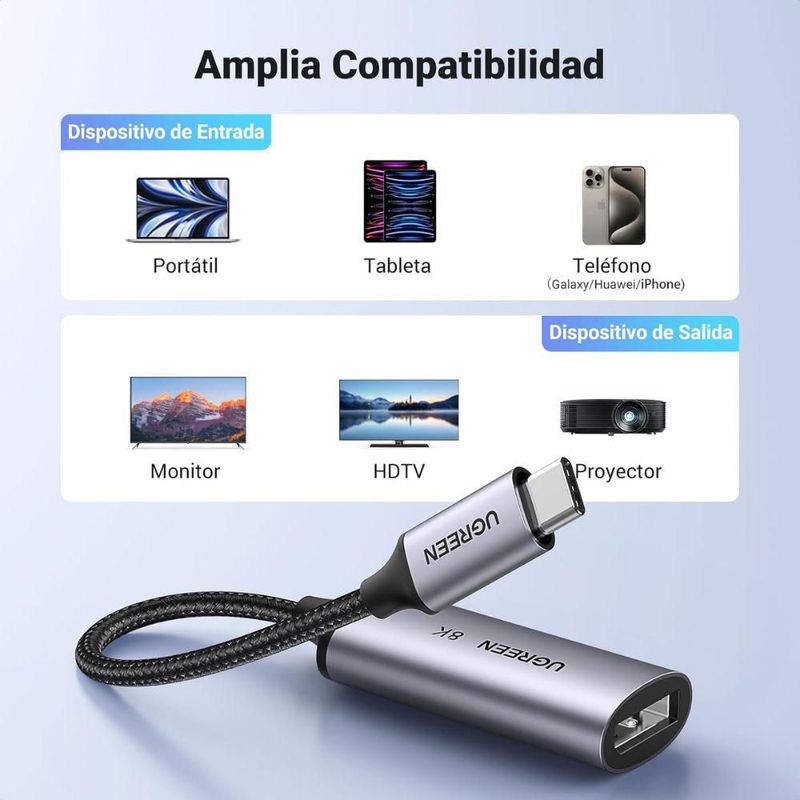 Adaptador UGREEN USB-C a DisplayPort 1.4 - 8K Ultra HD @60Hz y 4K @240Hz