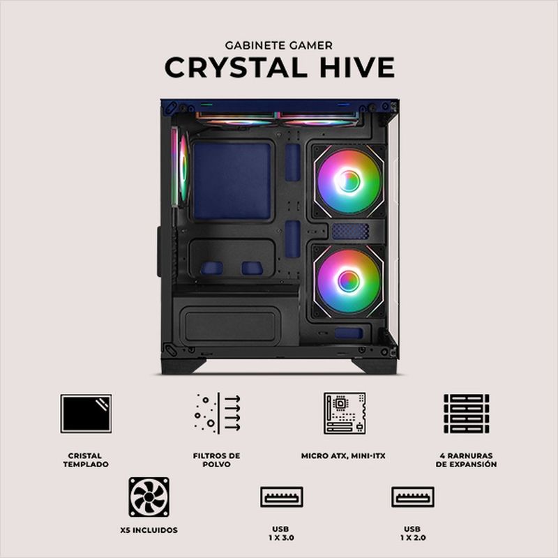 Gabinete xtreme pc crystal hive mini torre 5 fan argb azul