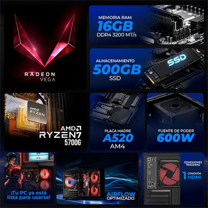 Xtreme pc gaming radeon vega ryzen 7 16gb ssd 500gb black