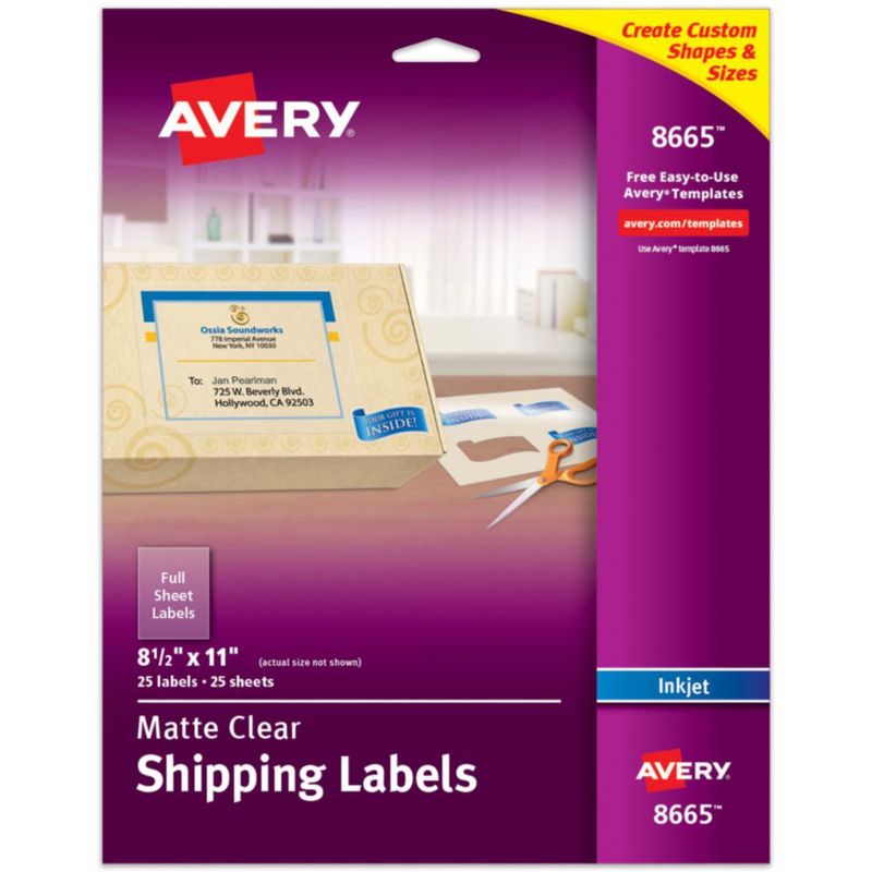 Etiquetas de envío Avery lámina completa de inyección de tinta transparente mate 25 unidades