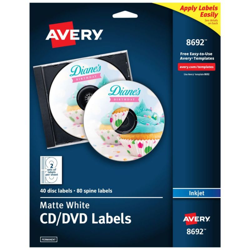 Etiquetas de CD Avery con inyección de tinta blanca mate imprimibles (8692)