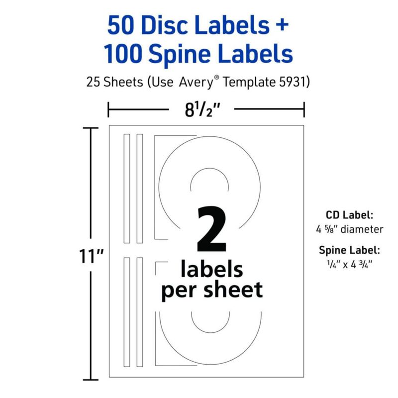 Etiquetas de CD imprimibles Avery Matte White 50 discos y 100 lomos