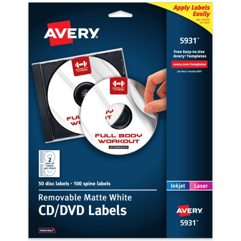 Etiquetas de CD imprimibles Avery Matte White 50 discos y 100 lomos
