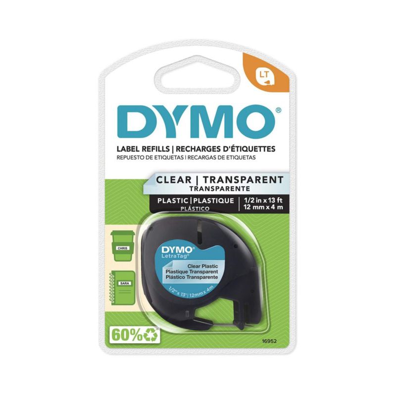 Cinta de etiquetado DYMO LetraTag 16952 negra sobre transparente 12 mm x 4 m
