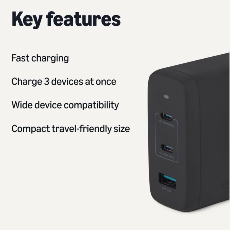 Cargador Amazon Basics 120W USB-C 3 Puertos Nano GaN Negro