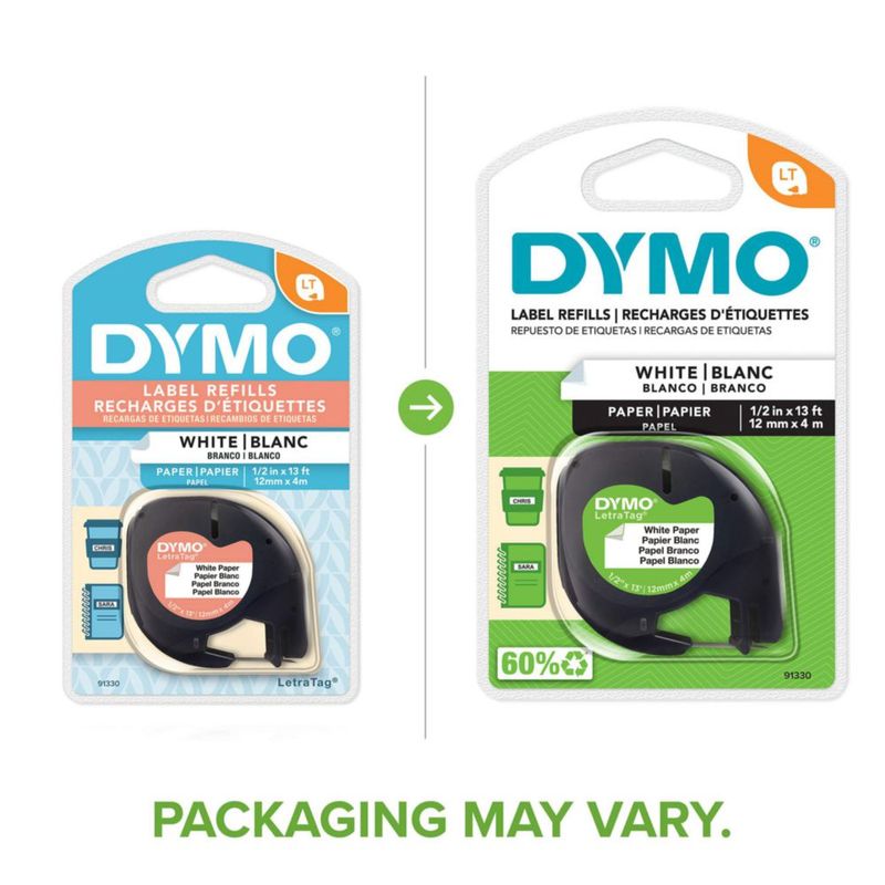 Cinta de etiquetado DYMO LetraTag impresa en negro sobre papel blanco