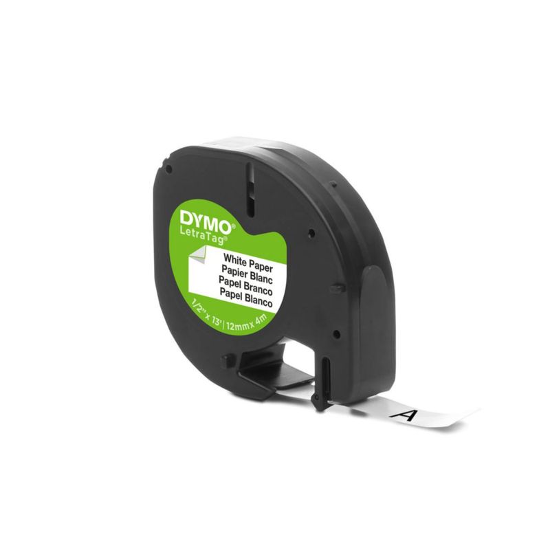 Cinta de etiquetado DYMO LetraTag impresa en negro sobre papel blanco