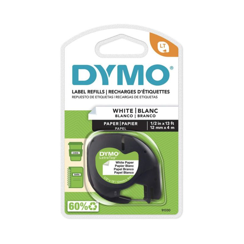 Cinta de etiquetado DYMO LetraTag impresa en negro sobre papel blanco