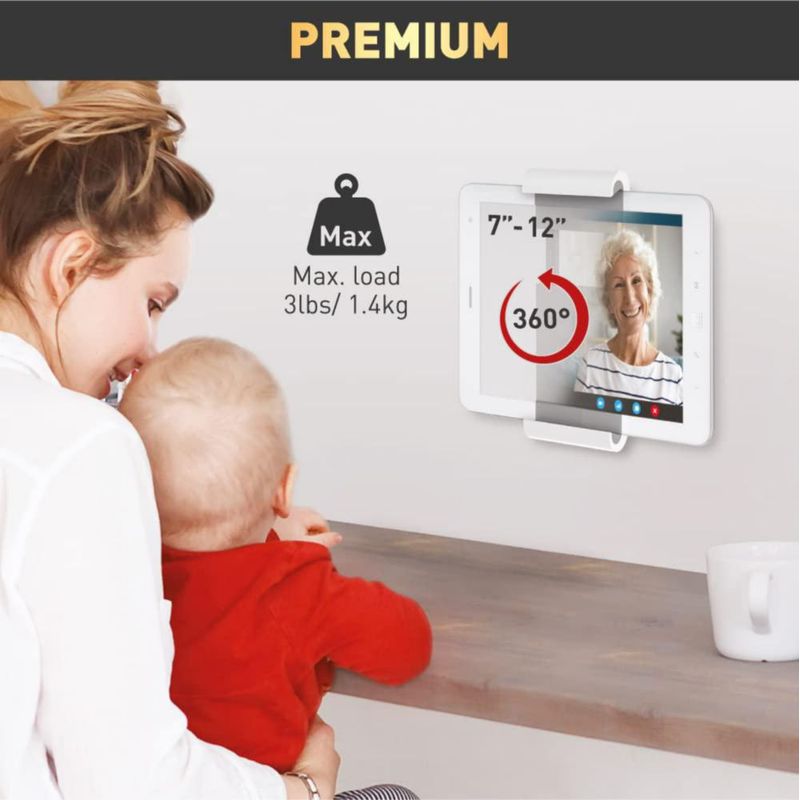 Soporte de Pared para Tablet Barkan 7-12" Abrazadera 1.4 kg Rotación 360° Blanco