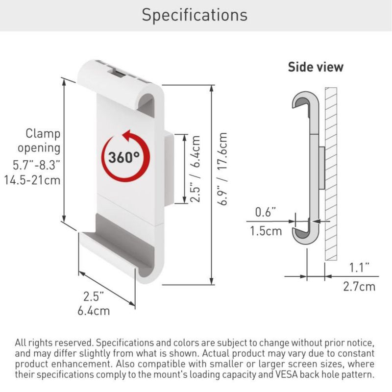 Soporte de Pared para Tablet Barkan 7-12" Abrazadera 1.4 kg Rotación 360° Blanco