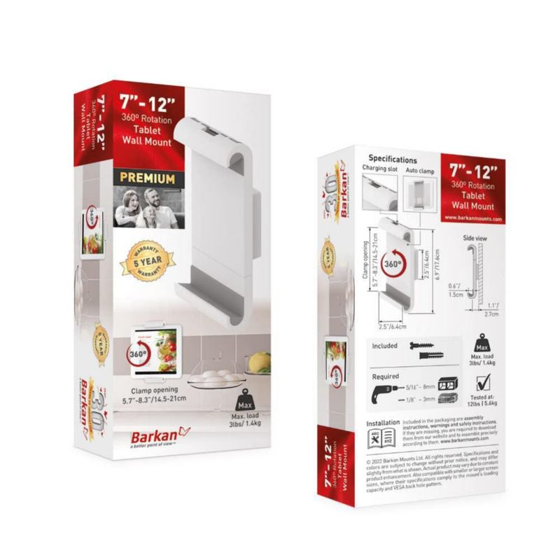 Soporte de Pared para Tablet Barkan 7-12" Abrazadera 1.4 kg Rotación 360° Blanco