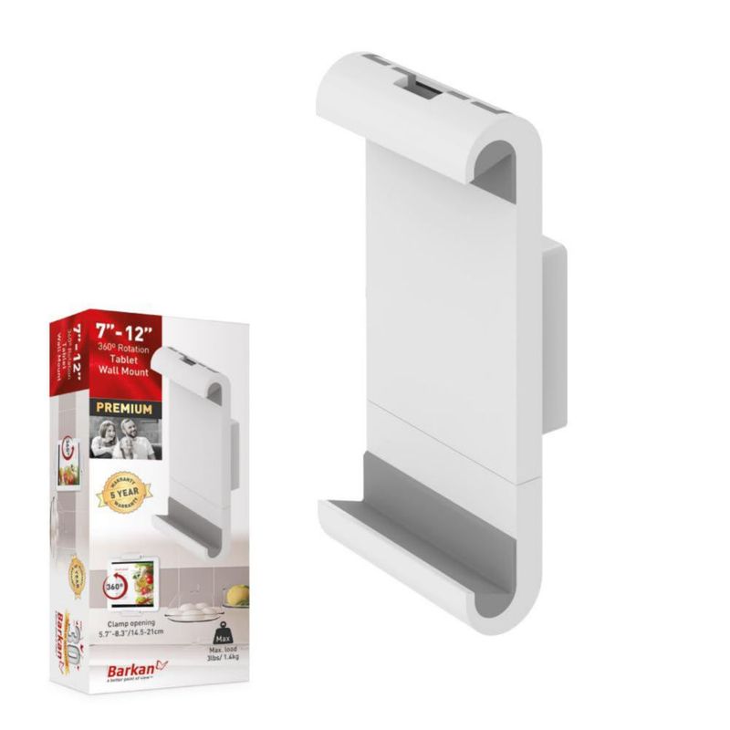 Soporte de Pared para Tablet Barkan 7-12" Abrazadera 1.4 kg Rotación 360° Blanco