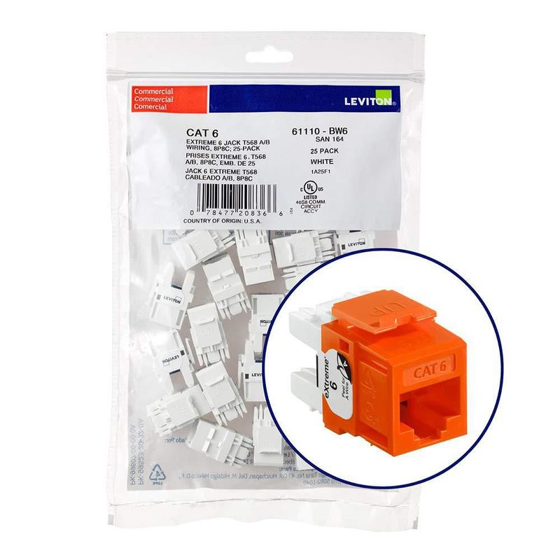 Conector Leviton Extreme 6+ QuickPort CAT 6 paquete de 25 naranja
