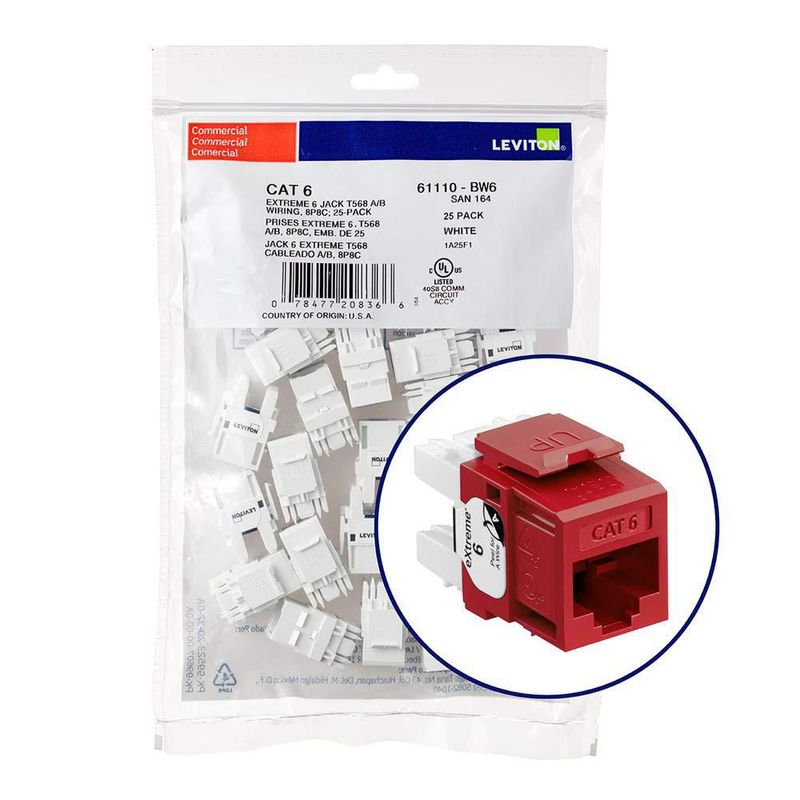 Conector Leviton Extreme 6+ QuickPort CAT 6 paquete de 25 unidades rojo