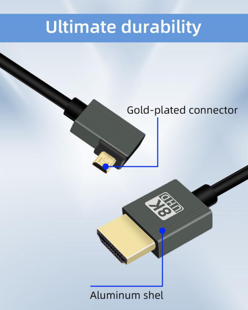 Cable en espiral HDMI a micro HDMI 8K @60Hz de 90° ángulo izquierdo 3 pies