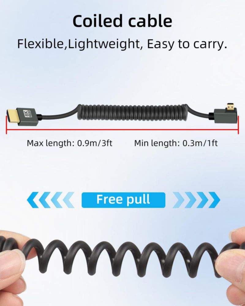 Cable en espiral HDMI a micro HDMI 8K @60Hz de 90° ángulo izquierdo 3 pies