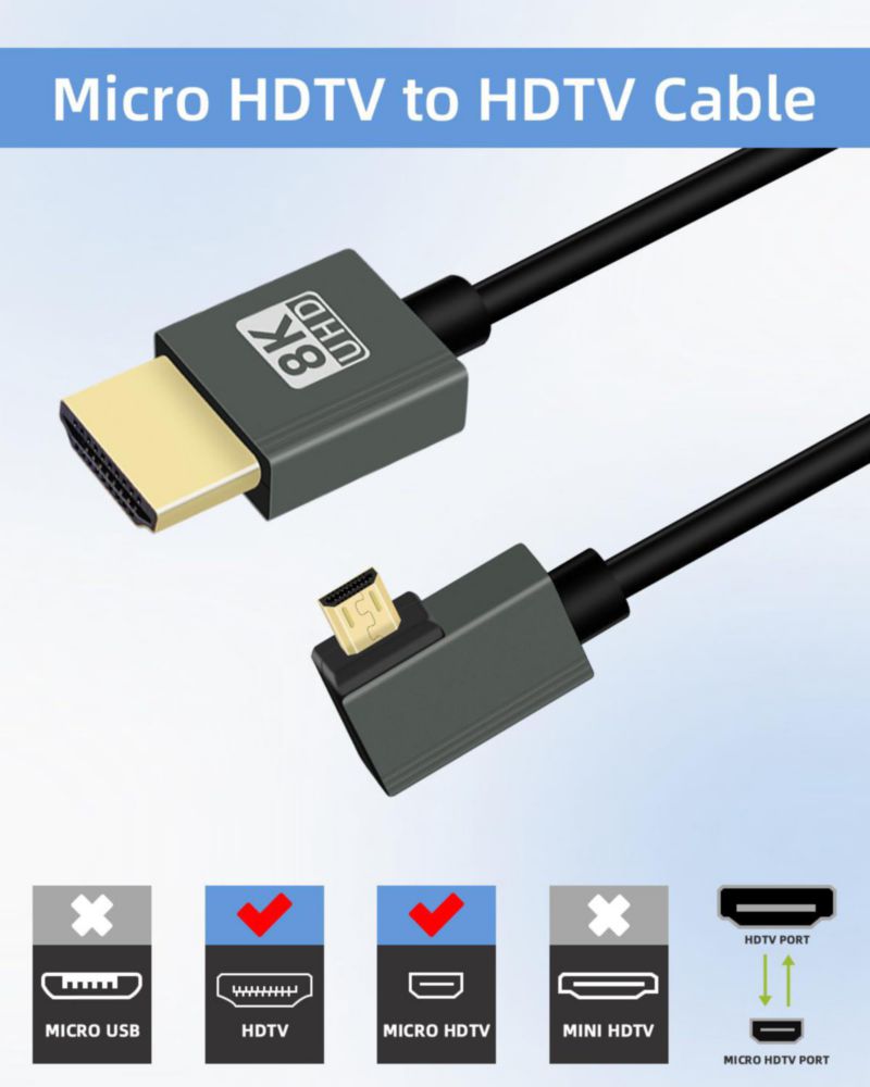 Cable en espiral HDMI a micro HDMI 8K @60Hz de 90° ángulo izquierdo 3 pies