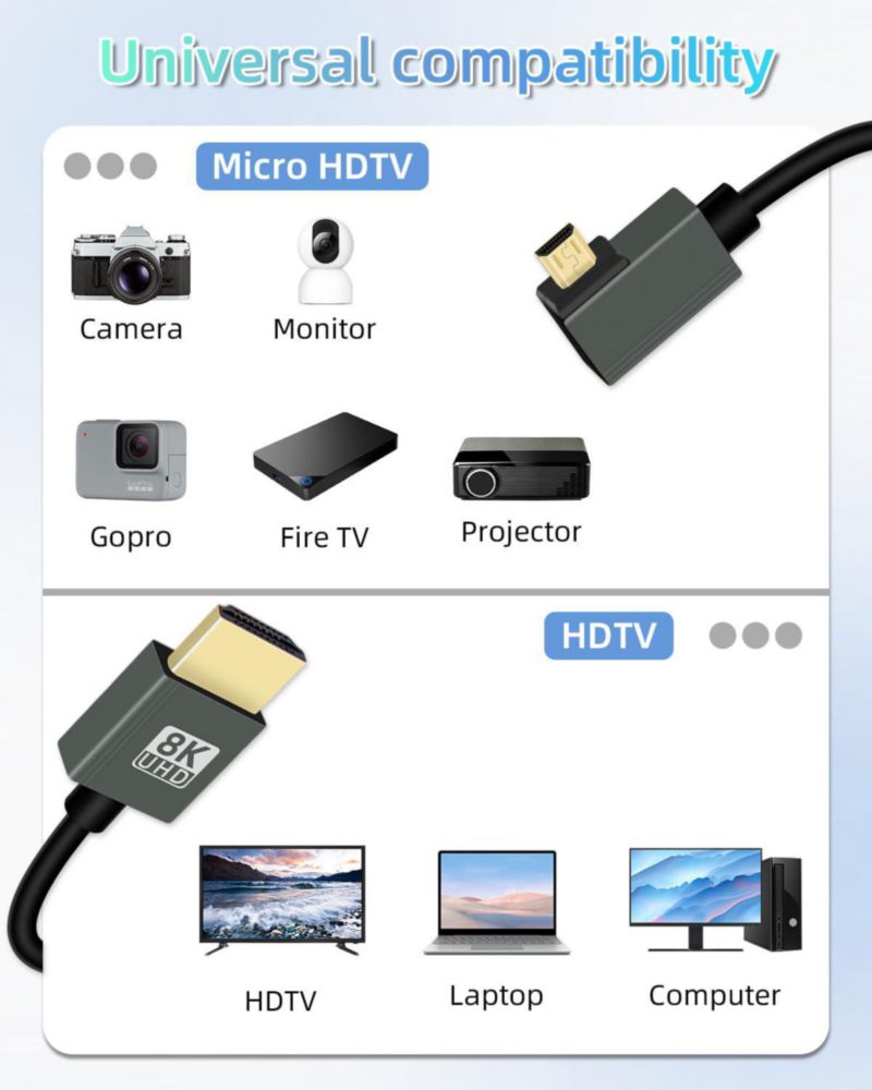 Cable en espiral HDMI a micro HDMI 8K @60Hz de 90° ángulo izquierdo 3 pies