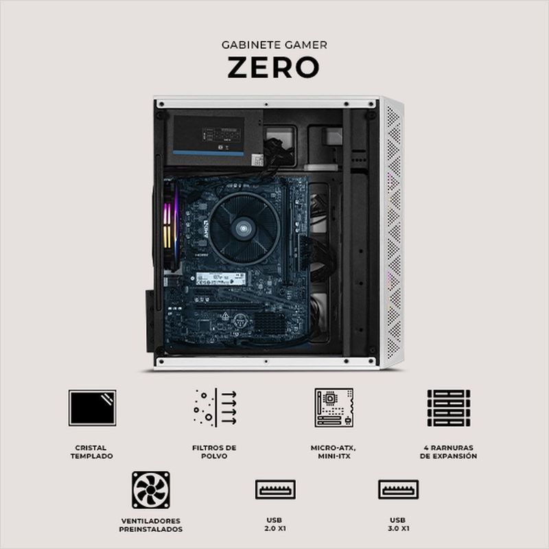 Gabinete xtreme pc gaming zero mini torre 3 fan argb 600w wh