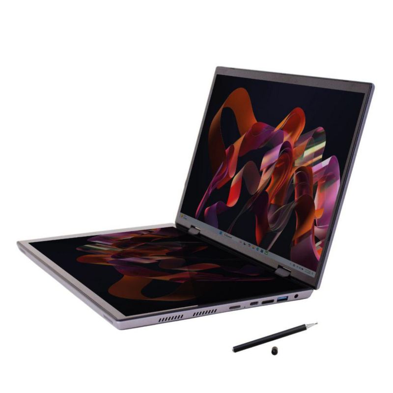 Laptop LM-140D Dual Screen 14+14” 2 en 1 Táctil 360°, Intel N95, 16GB RAM, 1TB SSD, Intel UHD, Wi-Fi, Bluetooth, HDMI, USB, Gris