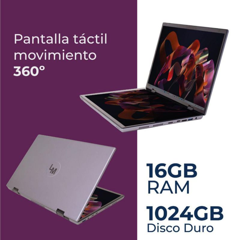 Laptop LM-140D Dual Screen 14+14” 2 en 1 Táctil 360°, Intel N95, 16GB RAM, 1TB SSD, Intel UHD, Wi-Fi, Bluetooth, HDMI, USB, Gris