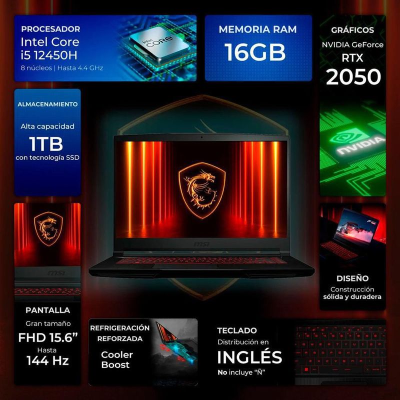 Laptop gamer msi rtx 2050 core i5 16gb 1tb 15.6 ips 144hz