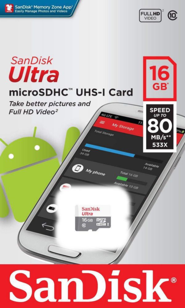Tarjeta microSDHC SanDisk Ultra 16 GB 80 MB/s UHS-I clase 10